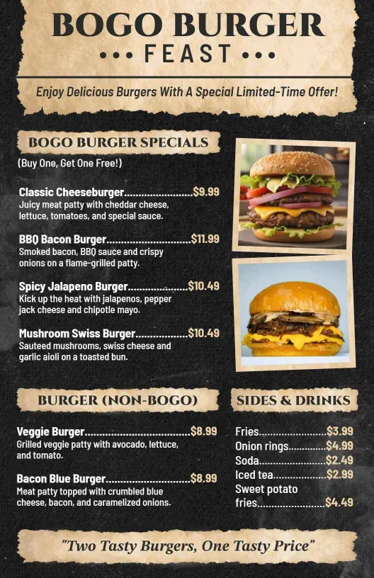 Spicy Jalapeno and Mushroom Swiss BOGO Burger Menu Template
