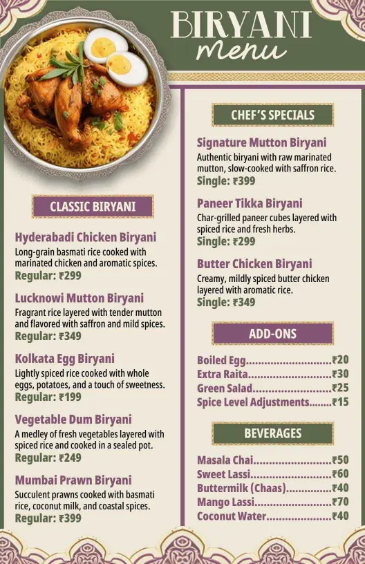 Spicy Paneer and Butter Chicken Selections Biryani Menu Template