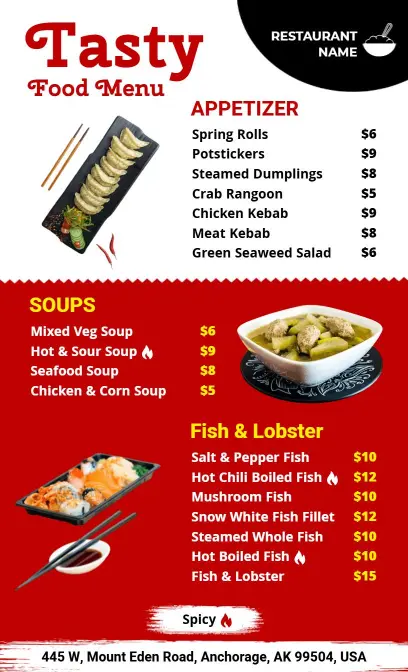Spicy Seafood and Savory Appetizers Featured Food Menu Template