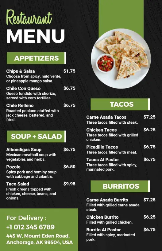 Spicy Tacos and Flavorful Burritos Selection Restaurant Menu Template