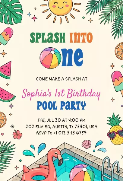 Splash Into One Colorful Pool Party Invitation Template