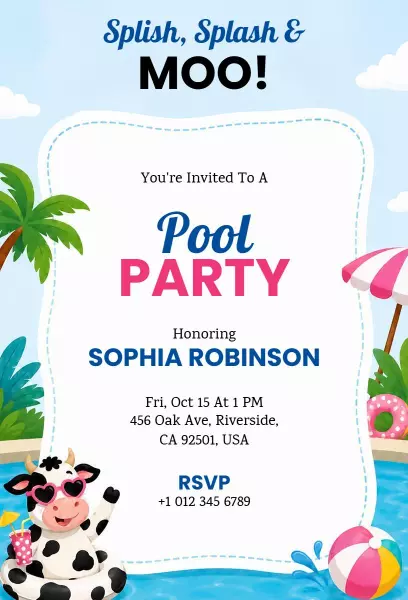Splashing Fun Colorful Cow Theme Pool Party Invitation Template