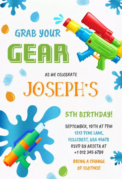 Splashing Water Gun Fun 5th Birthday Celebration Invitation Template