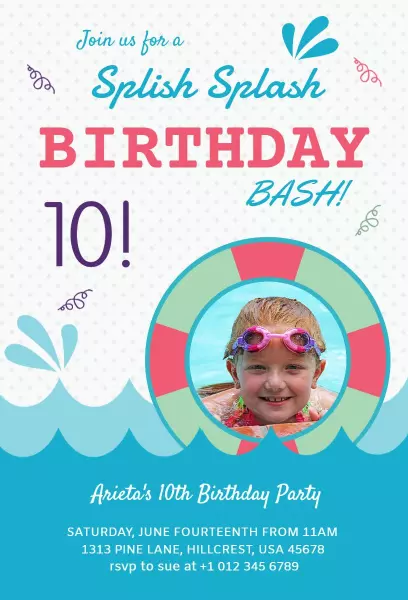 Splish Splash Colorful Pool Party Birthday Invitation Template