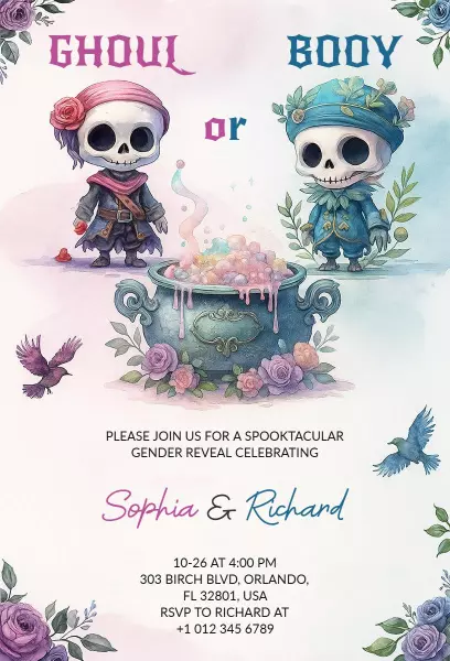 Spooktacular Ghoul or Boo Halloween Gender Reveal Invitation Template