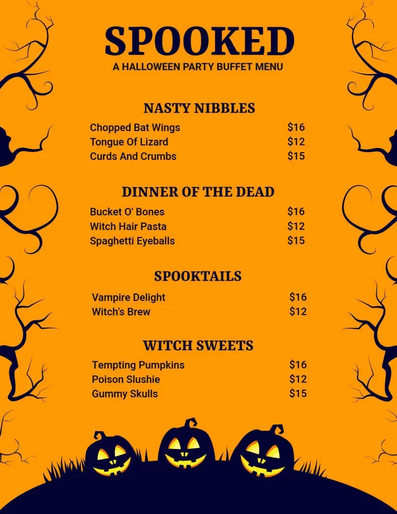 Spooky Black and Orange Themed Halloween Buffet Menu Template