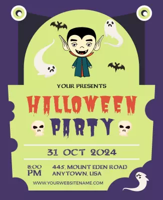 Spooky Cartoon Halloween Party with Ghosts and Bats Poster Template