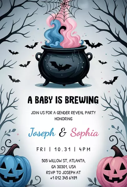 Spooky Cauldron Halloween Gender Reveal Invitation Template