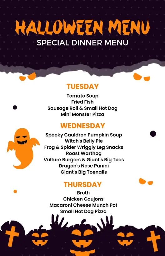 Spooky Graveyard Halloween Night Dinner Party Menu Template