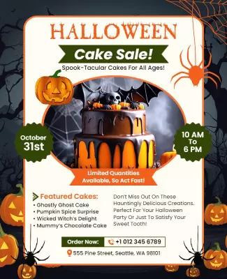 Spooky Halloween Cake Sale with Pumpkin Decor Poster Template