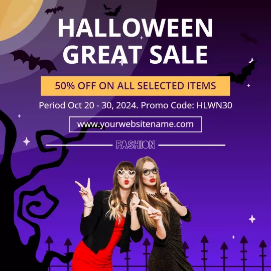 Spooky Halloween Fashion Sale with Bats and Discounts Ad Template