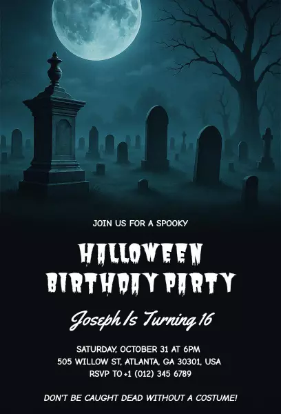 Spooky Haunted Graveyard Halloween Birthday Invitation Template
