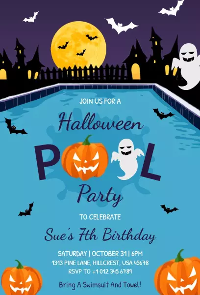 Spooky Pool Bash Halloween Birthday Celebration Invitation Template
