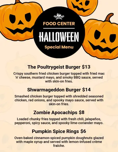 Spooky Pumpkin Themed Halloween Restaurant Menu Template