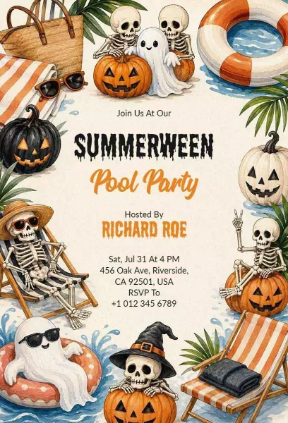 Spooky Skeleton Summerween Pool Party Invitation Template