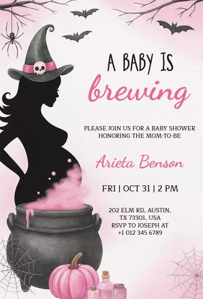 Spooky Witch Themed Halloween Baby Shower Invitation Template