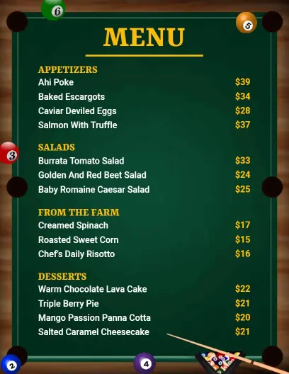 Sports Bar Billiards Inspired Elegant Dinner Menu Template