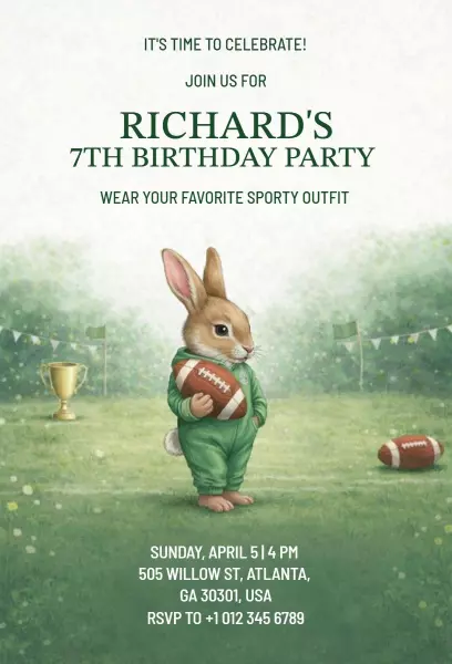 Sporty Bunny Themed 7th Birthday Celebration Invitation Template