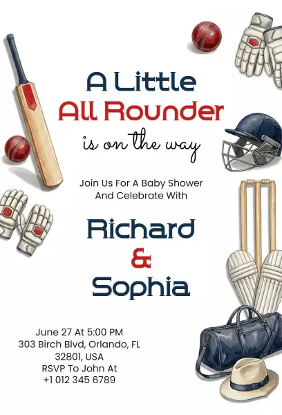 Sporty Cricket Theme Baby Shower Celebration Invitation Template