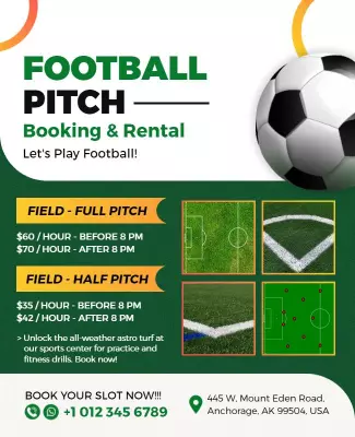 Sporty Green Football Pitch Booking Rental Poster Template