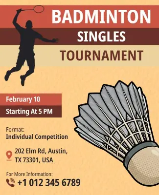 Sporty Orange Badminton Singles Competition Flyer Template