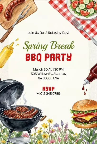 Spring Break Festive BBQ Party Celebration Invitation Template