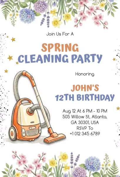 Spring Cleaning Party Celebrating John's 12th Birthday Invitation Template
