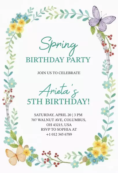 Spring Floral 5th Birthday Celebration Invitation Template