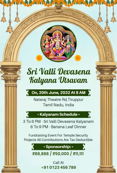 Sri Valli Devasena Kalyana Utsavam Temple Celebration Invitation Template