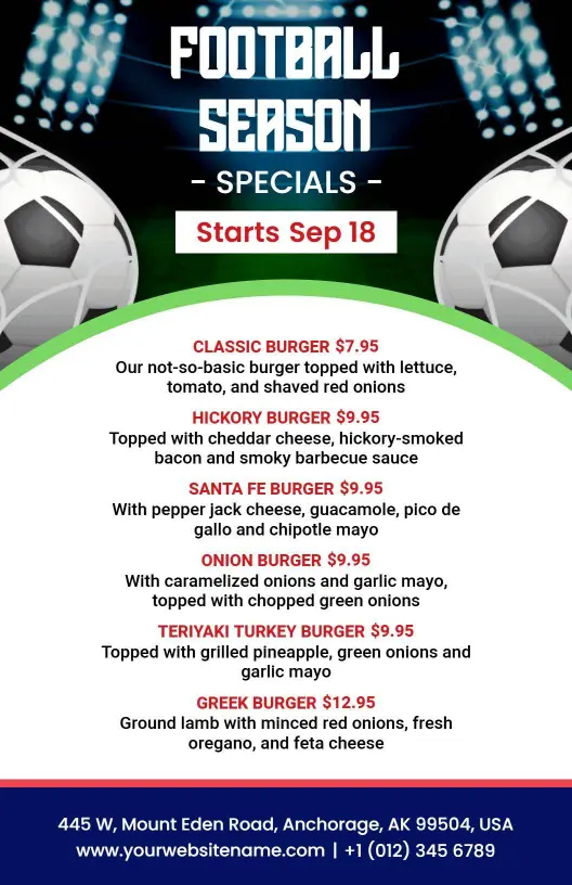 Stadium Lights Football Season Specials Menu Template