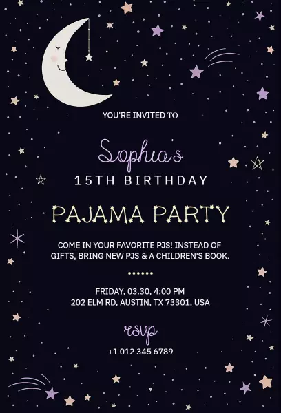 Starry Night Themed Pajama Party Invitation Template