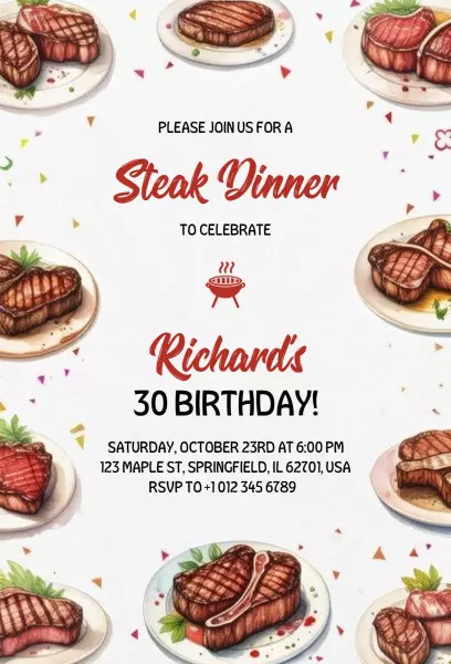 Steak Dinner Celebration 30th Birthday Invitation Template