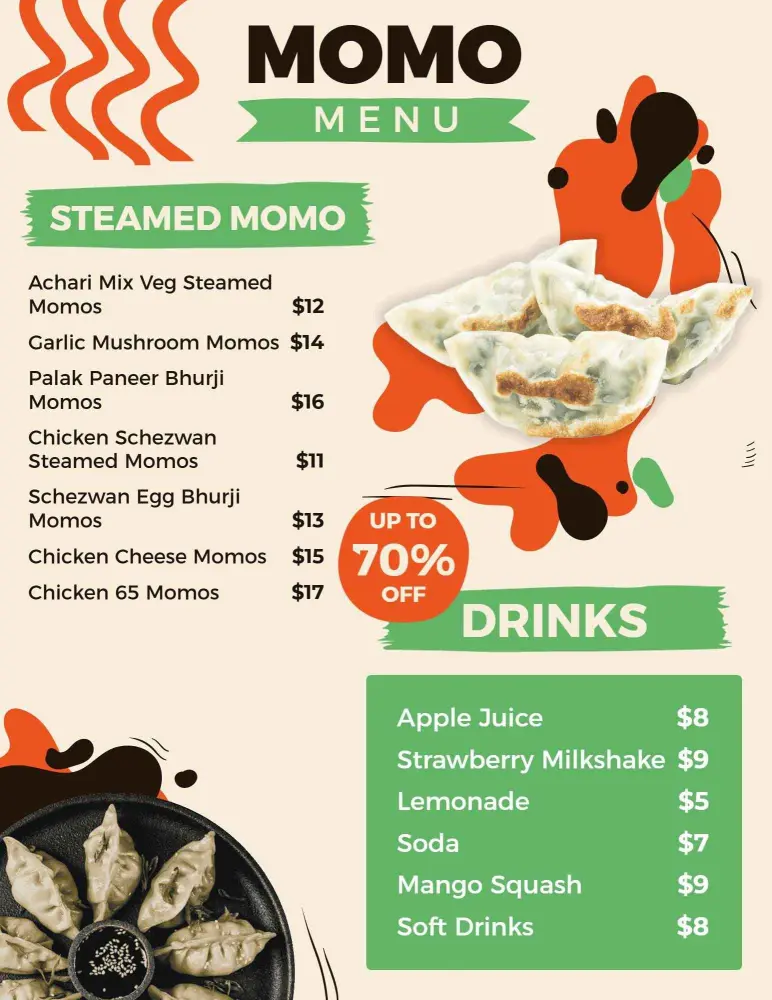 Steamed and Flavorful Dumplings with Delicious Drinks Momos Menu Template