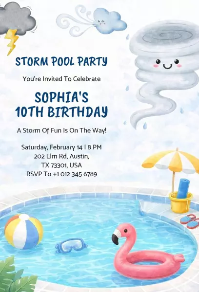 Storm Pool Party Fun 10th Birthday Celebration Invitation Template