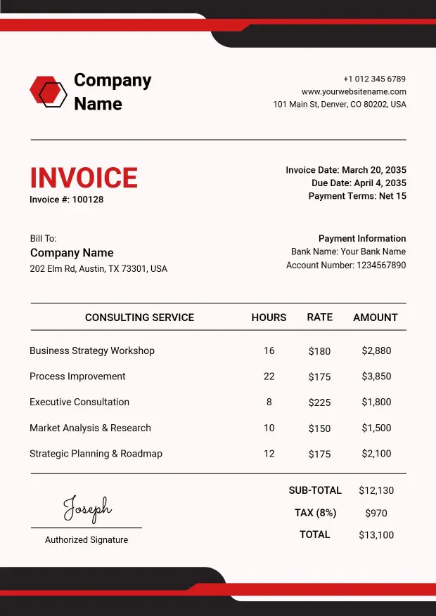 Strategic Consulting and Executive Services Billing Company Invoice Template