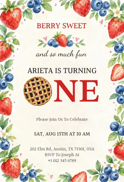 Strawberry and Blueberry Pie Themed First Birthday Invitation Template