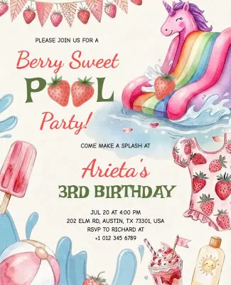 Strawberry Sweet Pool Party Birthday Invitation Flyer Template
