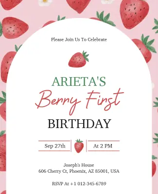 Strawberry Themed First Birthday Party Flyer Template