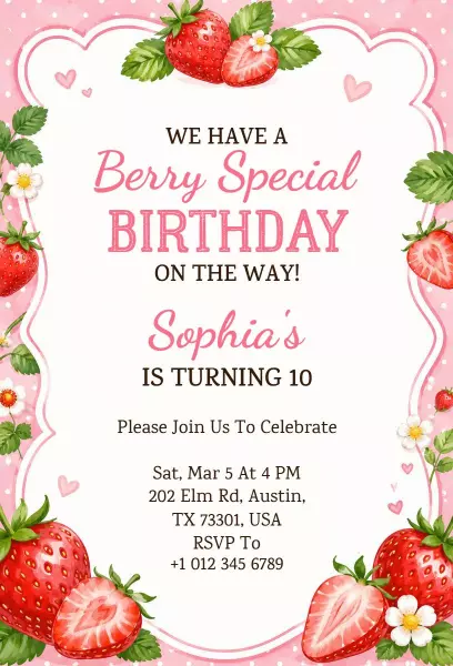 Strawberry Themed Fun Birthday Celebration Invitation Template