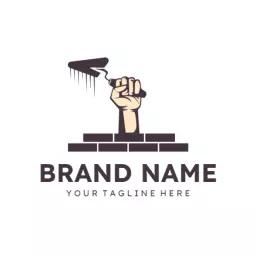 Strong Hand Holding Trowel Over Brick Wall Construction Logo Template
