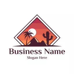 Stunning Desert Sunset Landscape with Palm and Cactus Logo Template