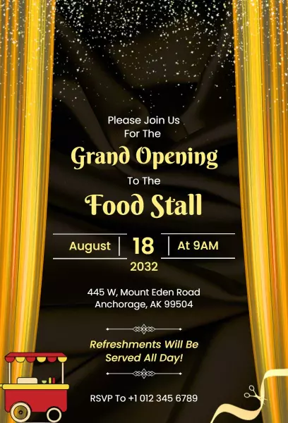Stylish Black and Gold Food Stall Grand Opening Invitation Template