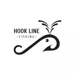 Stylish Black Fishing Hook Design with Water Sprays Logo Template