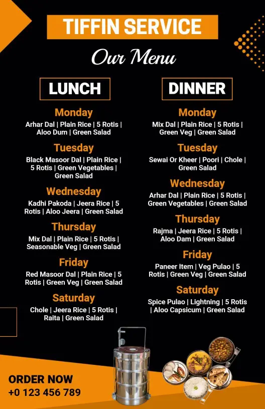 Stylish Black Tiffin Service Daily Meal Plan Menu Template