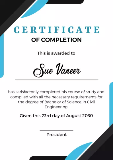 Stylish Blue and Black Completion Certificate Template