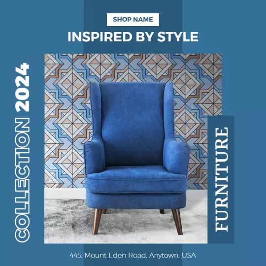 Stylish Blue Armchair with Geometric Background Furniture Ad Template