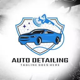 Stylish Blue Car with Shield for Auto Detailing Logo Template