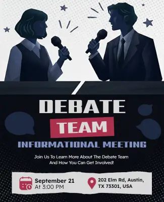 Stylish Blue Debate Team Meeting Announcement Flyer Template