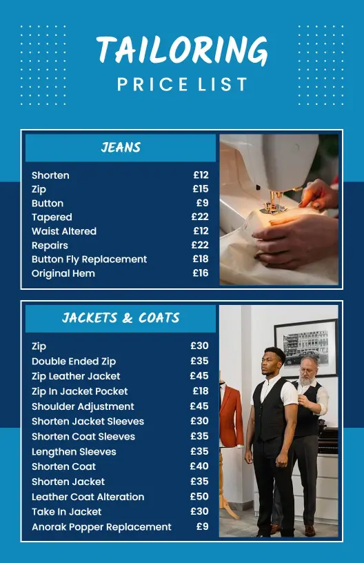 Stylish Blue Handcrafted Tailoring Services Price List Template