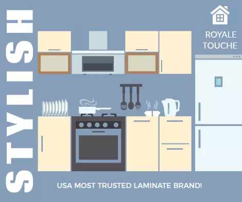 Stylish Blue Retro Kitchen Design for Laminate Brands Ad Template